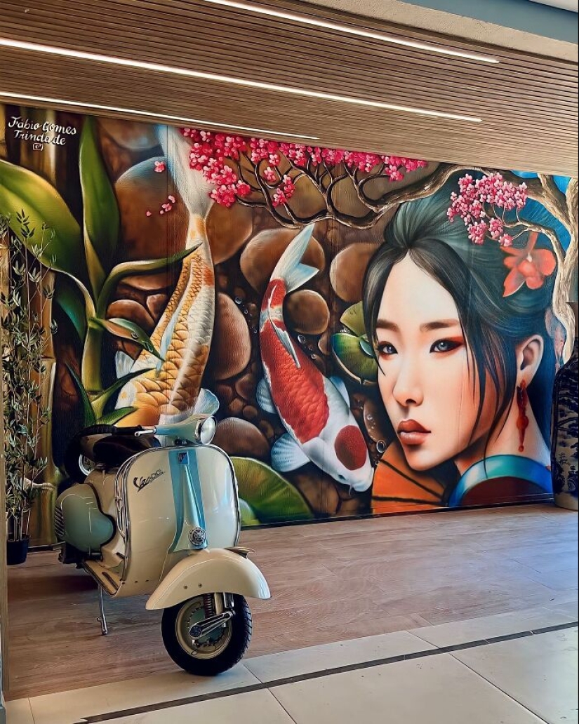 Artista callejero continúa pintando retratos en paredes junto a árboles que también sirven como cabello