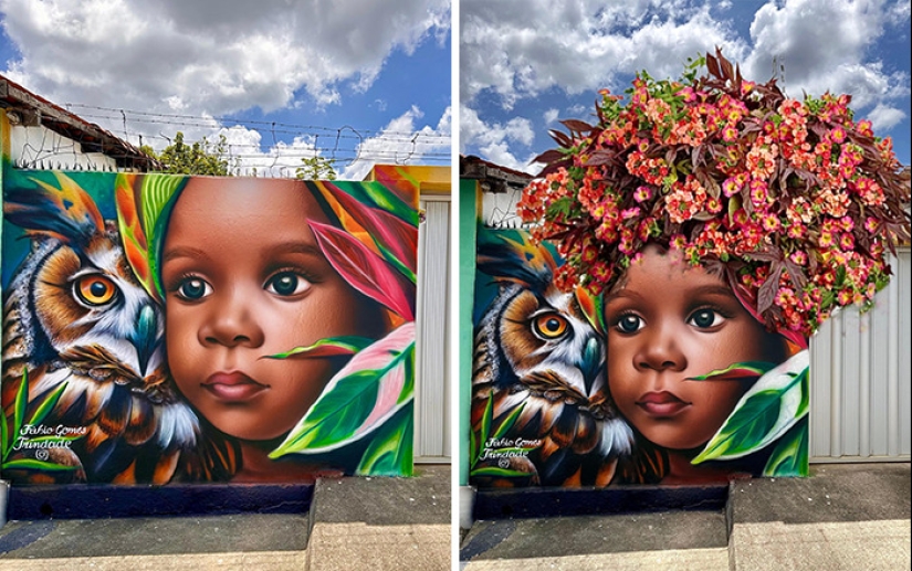 Artista callejero continúa pintando retratos en paredes junto a árboles que también sirven como cabello