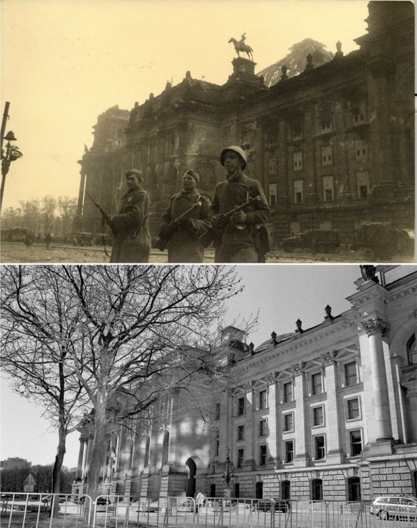 Berlín en ruinas en 1945 y ahora. Comparación de imágenes llamativas Berlín en ruinas en 1945 y ahora. Comparación de imágenes llamativas