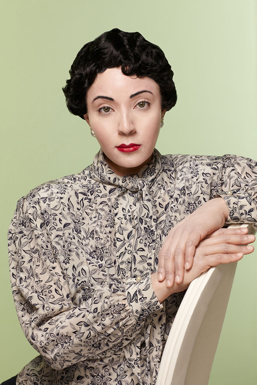 Black and white photo: a mulatto woman takes pictures of herself in the image of her white ancestors