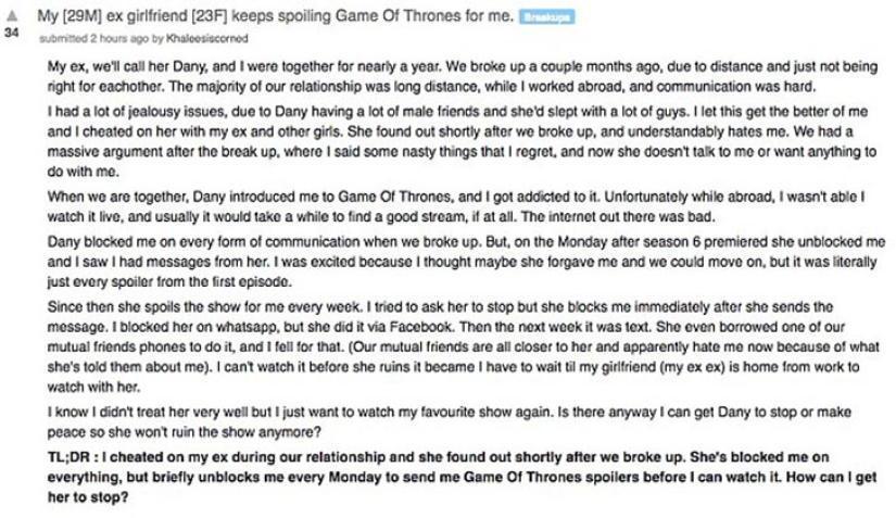 Bloody Retribution: Ex takes revenge on boyfriend by sending "Game of Thrones" spoilers Bloody Retribution: Ex takes revenge on boyfriend by sending "Game of Thrones" spoilers