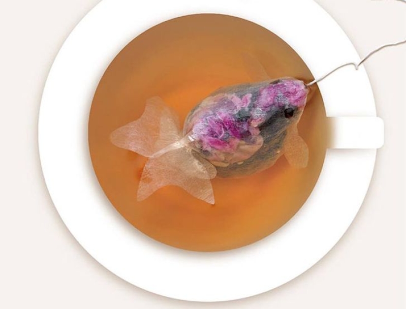Bolsitas de té que se convierten en peces de colores en una taza