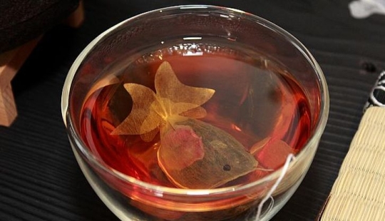 Bolsitas de té que se convierten en peces de colores en una taza