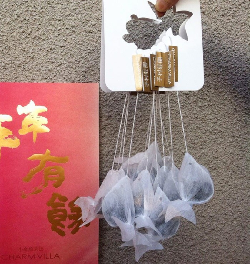 Bolsitas de té que transforman una taza ordinaria en un acuario con un pez dorado