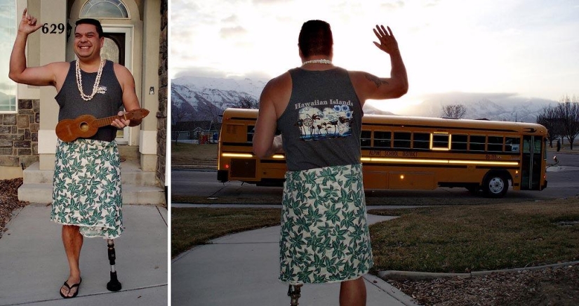 Cheerful dad escorts his son to school or "Don't teach your father to joke" Cheerful dad escorts his son to school or "Don't teach your father to joke"