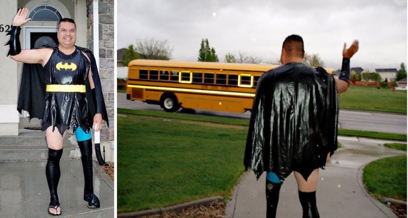 Cheerful dad escorts his son to school or "Don't teach your father to joke" Cheerful dad escorts his son to school or "Don't teach your father to joke"