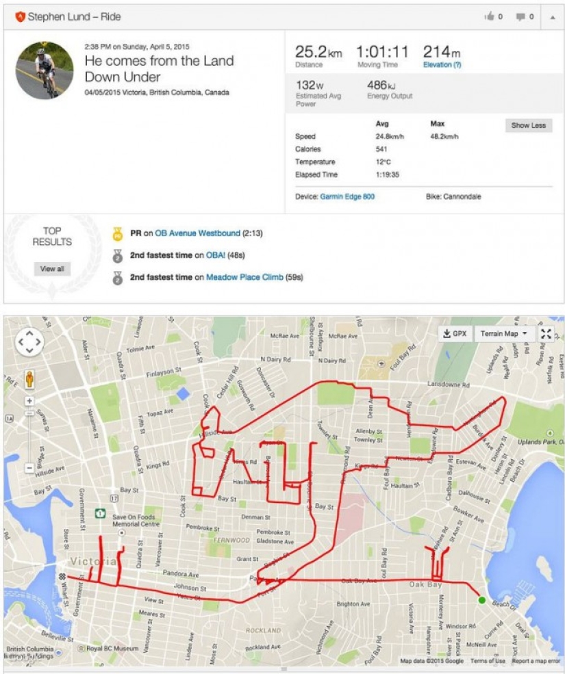 Ciclista canadiense dibuja imágenes de GPS en mapas