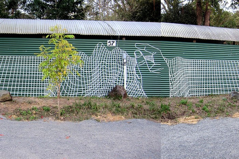 Cinta aislante en lugar de pintura. Hermoso arte callejero a partir de materiales improvisados. Cinta aislante en lugar de pintura. Hermoso arte callejero a partir de materiales improvisados.