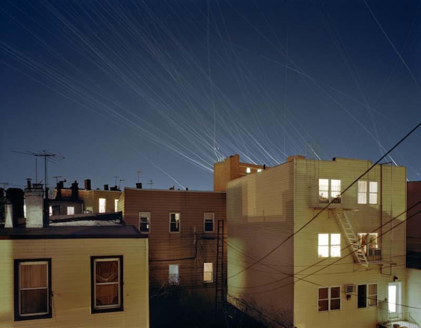 Dazzling light trails of aircraft