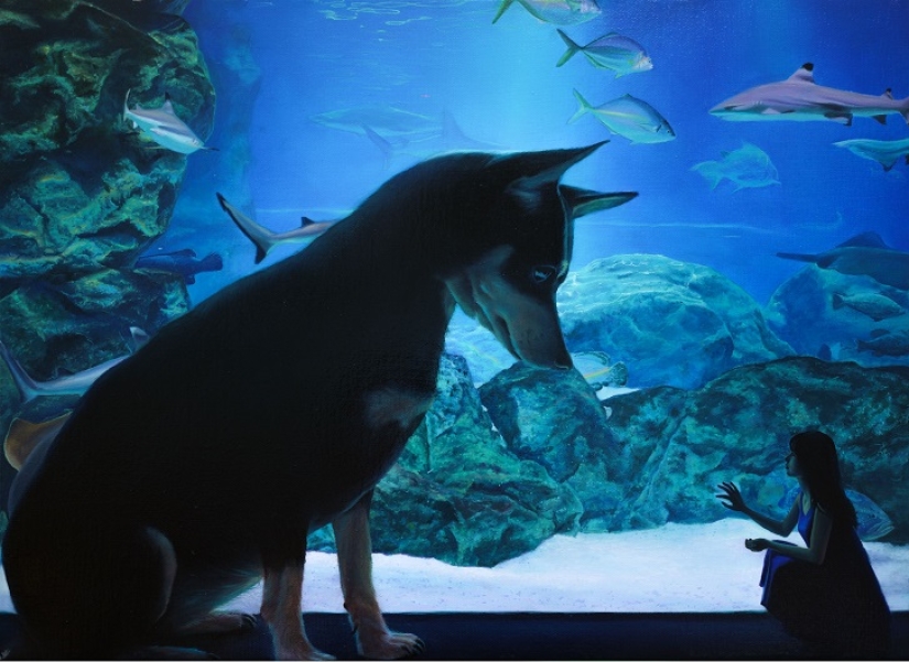 Dibujos realistas de un perro gigante y una linda chica coreana Dibujos realistas de un perro gigante y una linda chica coreana