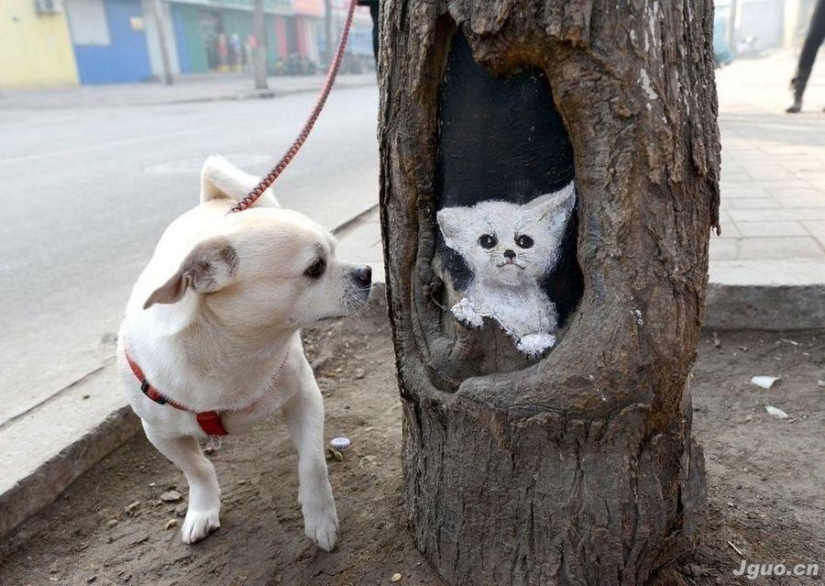 Drawings on the trees cheer up the townspeople Drawings on the trees cheer up the townspeople