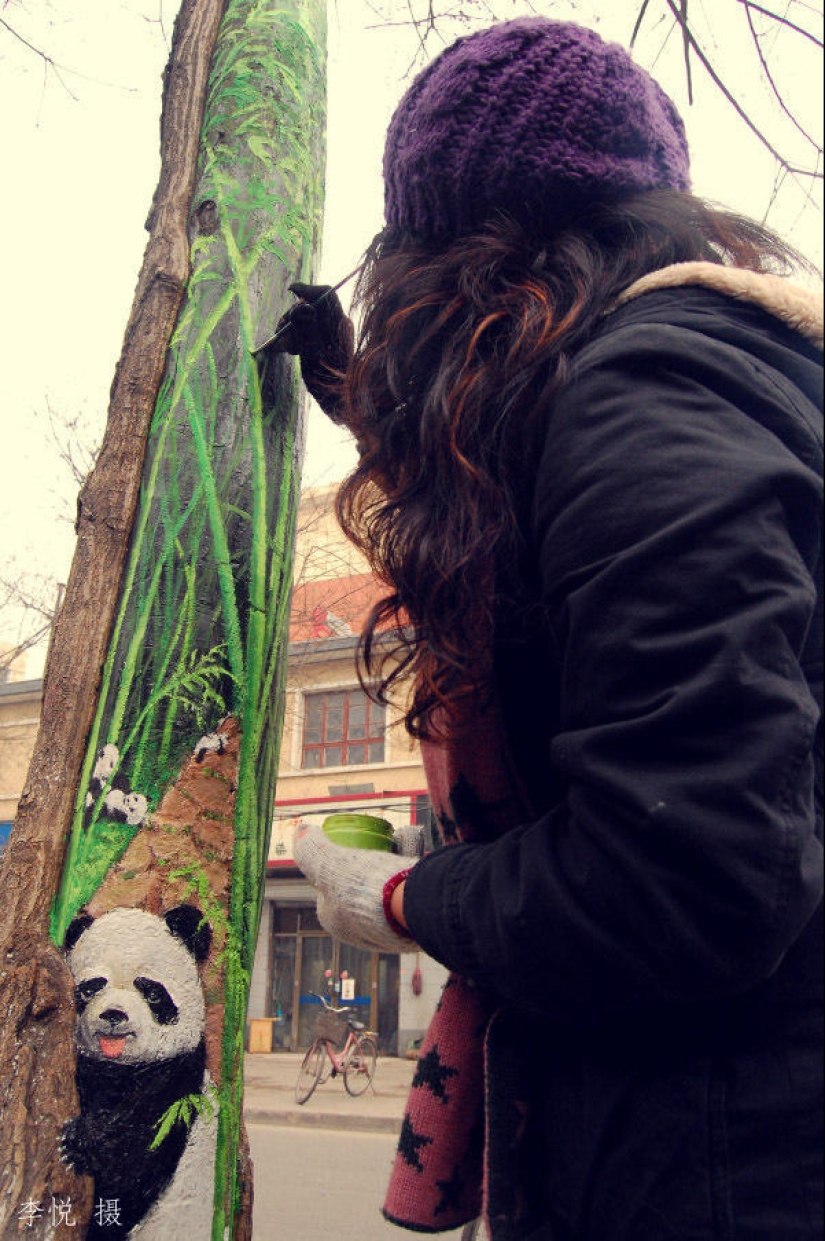 Drawings on the trees cheer up the townspeople Drawings on the trees cheer up the townspeople