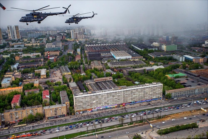 Dress rehearsal for the Victory Parade and Moscow from a helicopter Dress rehearsal for the Victory Parade and Moscow from a helicopter