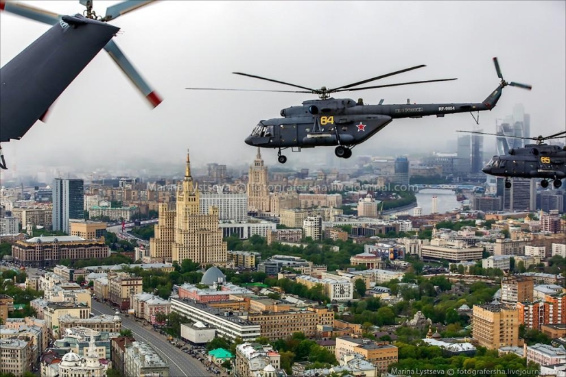 Dress rehearsal for the Victory Parade and Moscow from a helicopter Dress rehearsal for the Victory Parade and Moscow from a helicopter