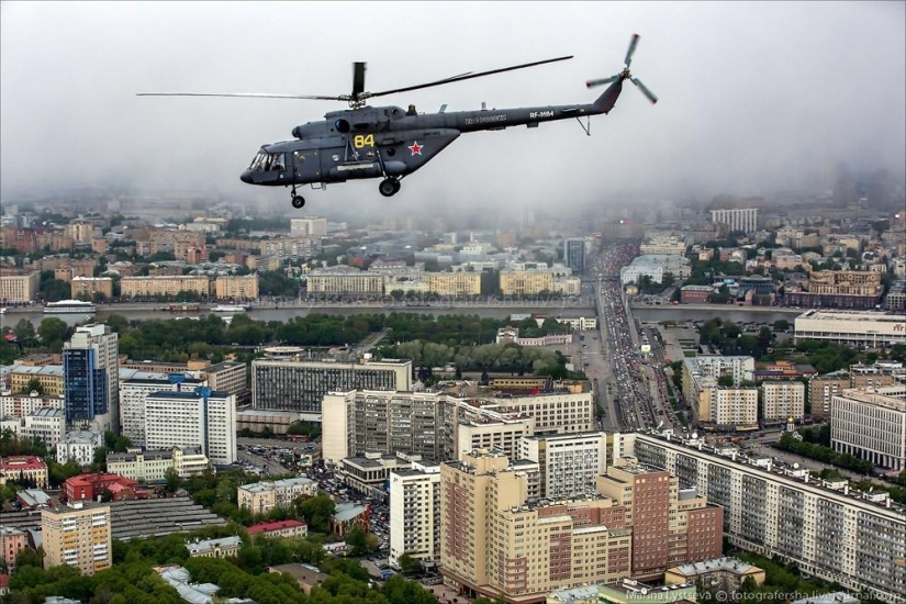 Dress rehearsal for the Victory Parade and Moscow from a helicopter Dress rehearsal for the Victory Parade and Moscow from a helicopter