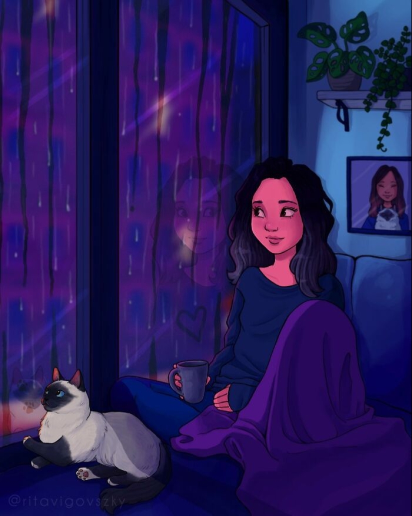 El artista crea ilustraciones conmovedoras sobre las alegrías de tener gatos.