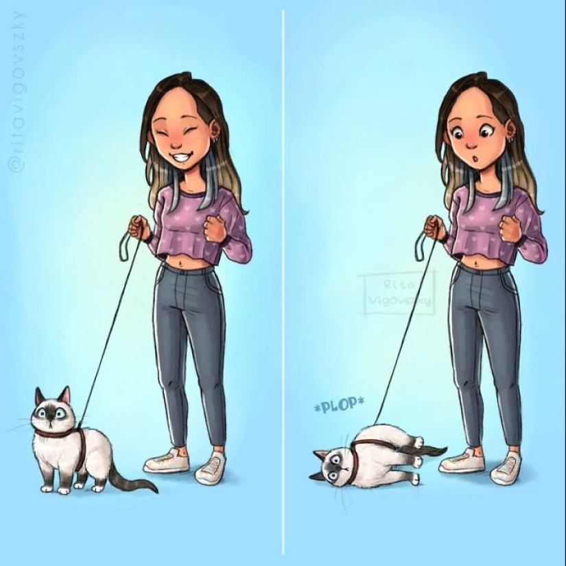 El artista crea ilustraciones conmovedoras sobre las alegrías de tener gatos.