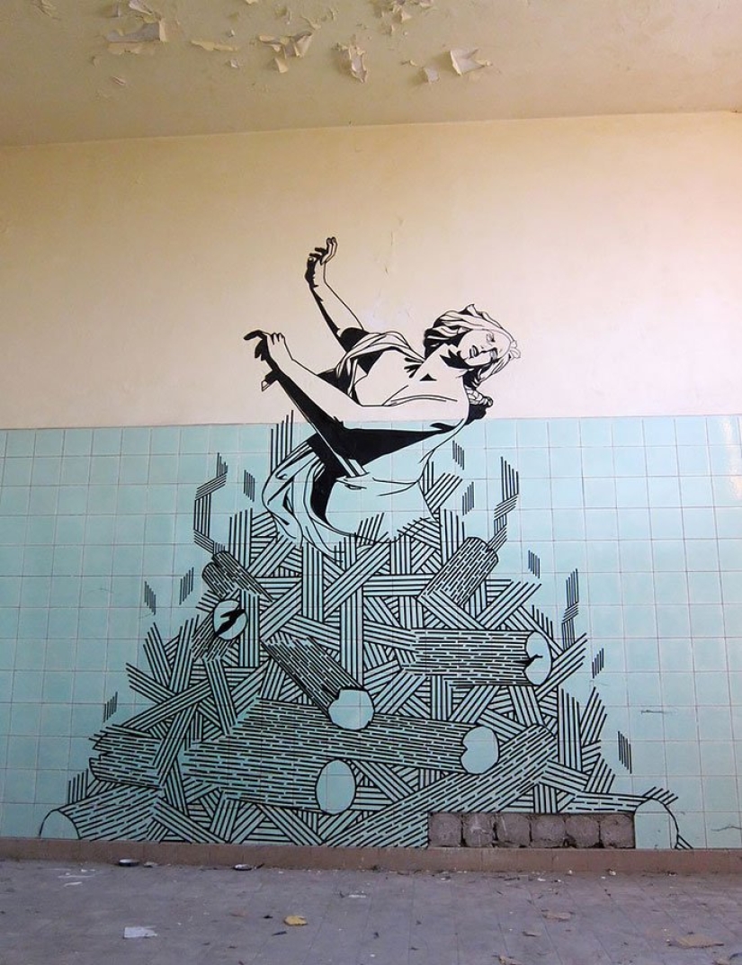 Electrical tape instead of paint. Beautiful street art from improvised materials Electrical tape instead of paint. Beautiful street art from improvised materials