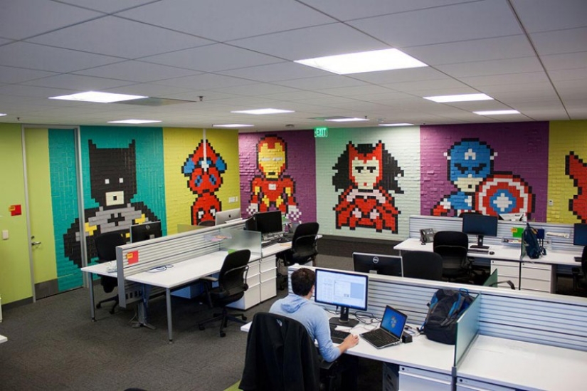 Employees used 8024 stickers to transform boring office walls into a superhero mural