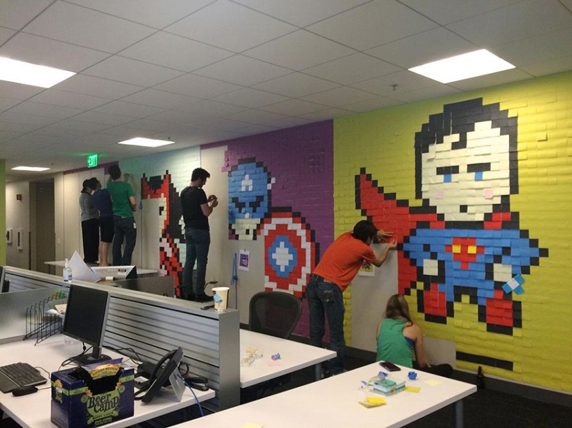 Employees used 8024 stickers to transform boring office walls into a superhero mural
