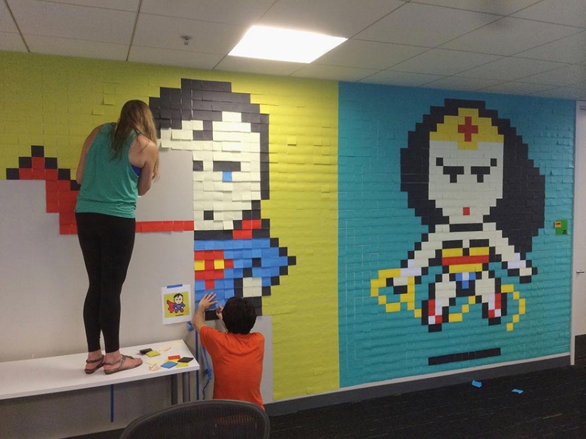 Employees used 8024 stickers to transform boring office walls into a superhero mural