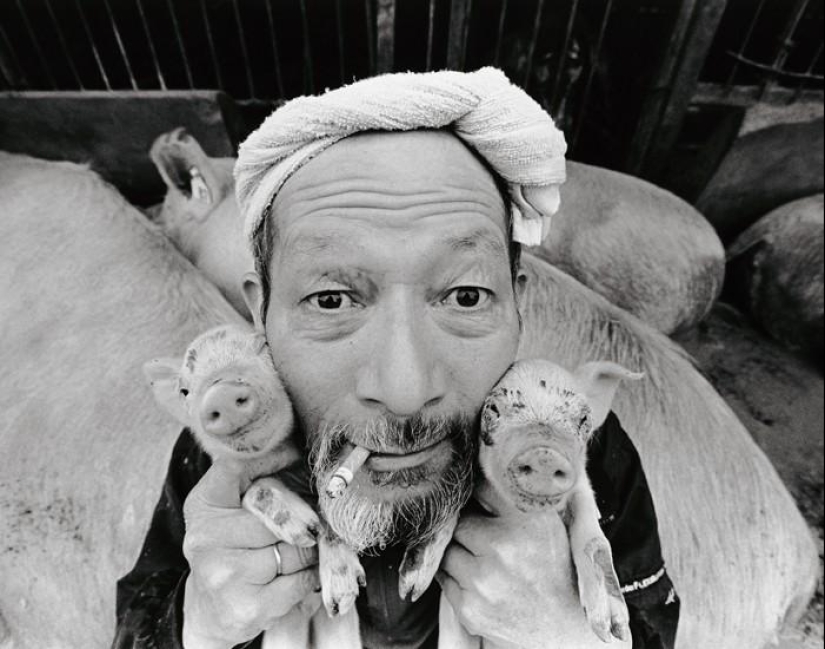 Happy pig farmer and his pets