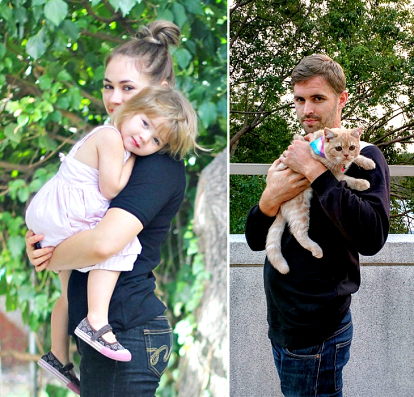 Hermano parodia fotos de hermana gemela con la ayuda de un gato