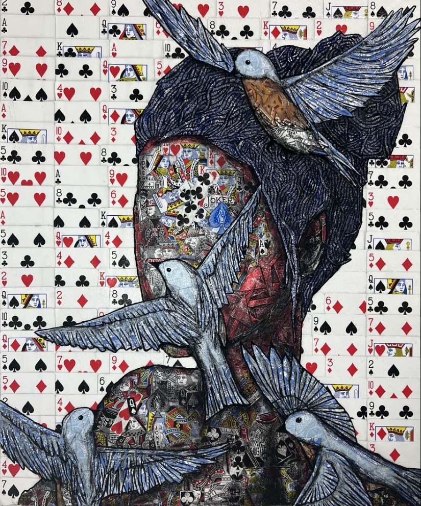 I Make Unique Collage Paintings By Using Only Playing Cards And Black Paint (18 Pics) I Make Unique Collage Paintings By Using Only Playing Cards And Black Paint (18 Pics)