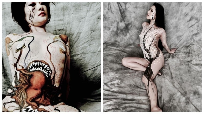 Japanese body art from the Hook Azuma: painting in ink on female bodies
