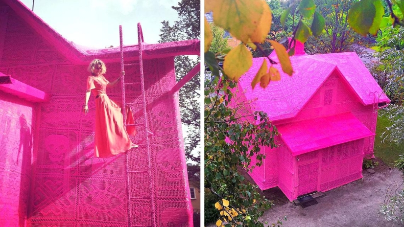Knitted pink house in Finland is the work of skillful hands of a Polish designer