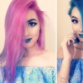 La australiana se tiñó el cabello de azul y rosa al mismo tiempo y cambia el color de su cabello en un par de segundos