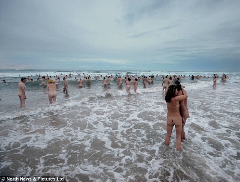 Naked: hundreds of Britons bathed naked in the North Sea for charity Naked: hundreds of Britons bathed naked in the North Sea for charity