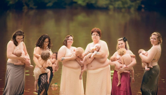 Nursing mothers bared their breasts for a photo shoot in the river to tell their stories