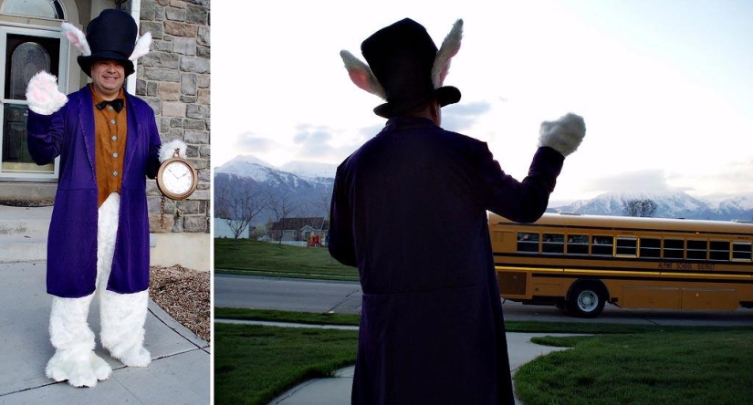 Papá alegre acompaña a su hijo a la escuela o "No le enseñes a tu padre a bromear" Papá alegre acompaña a su hijo a la escuela o "No le enseñes a tu padre a bromear"