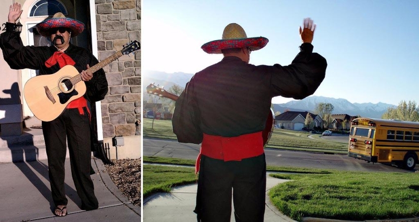 Papá alegre acompaña a su hijo a la escuela o "No le enseñes a tu padre a bromear" Papá alegre acompaña a su hijo a la escuela o "No le enseñes a tu padre a bromear"