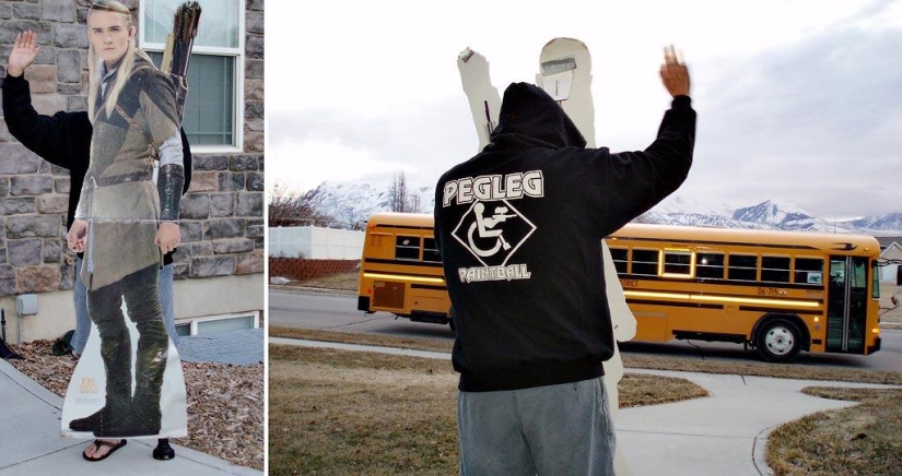 Papá alegre acompaña a su hijo a la escuela o "No le enseñes a tu padre a bromear" Papá alegre acompaña a su hijo a la escuela o "No le enseñes a tu padre a bromear"