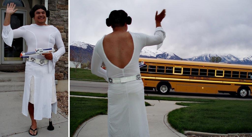 Papá alegre acompaña a su hijo a la escuela o "No le enseñes a tu padre a bromear" Papá alegre acompaña a su hijo a la escuela o "No le enseñes a tu padre a bromear"