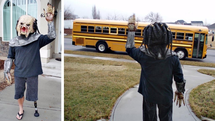 Papá alegre acompaña a su hijo a la escuela o "No le enseñes a tu padre a bromear" Papá alegre acompaña a su hijo a la escuela o "No le enseñes a tu padre a bromear"