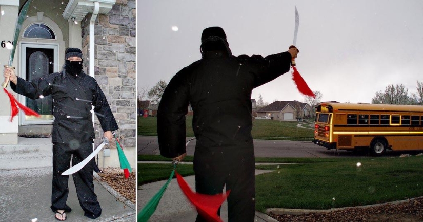 Papá alegre acompaña a su hijo a la escuela o "No le enseñes a tu padre a bromear" Papá alegre acompaña a su hijo a la escuela o "No le enseñes a tu padre a bromear"