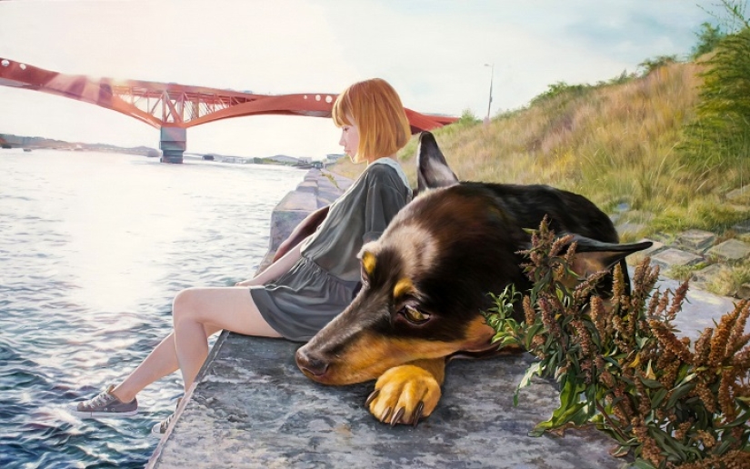 Realistic drawings of a giant dog and a cute Korean girl