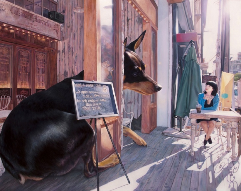 Realistic drawings of a giant dog and a cute Korean girl