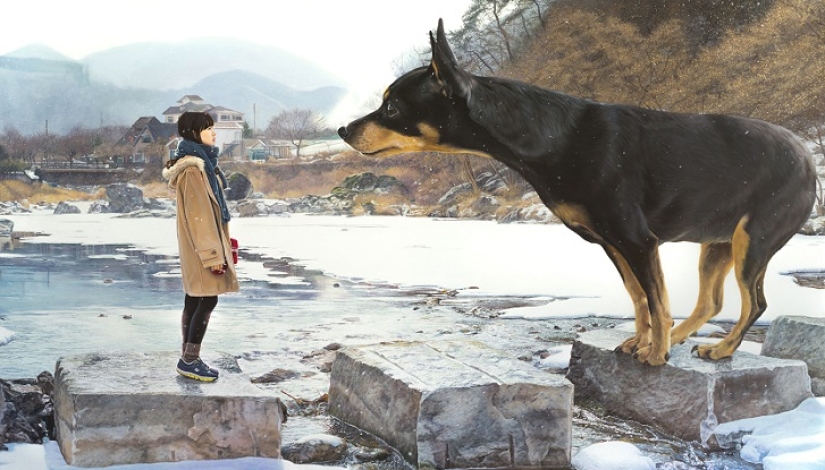 Realistic drawings of a giant dog and a cute Korean girl