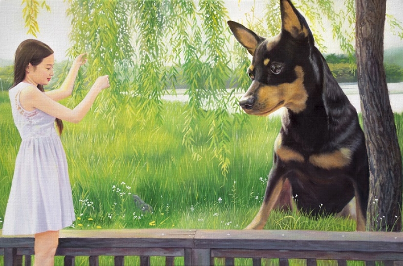 Realistic drawings of a giant dog and a cute Korean girl