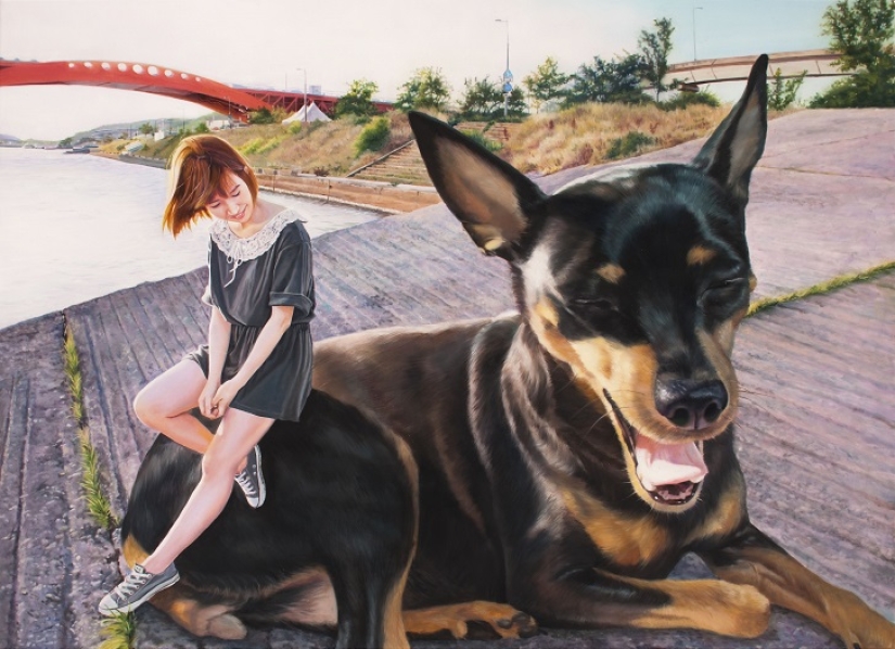 Realistic drawings of a giant dog and a cute Korean girl