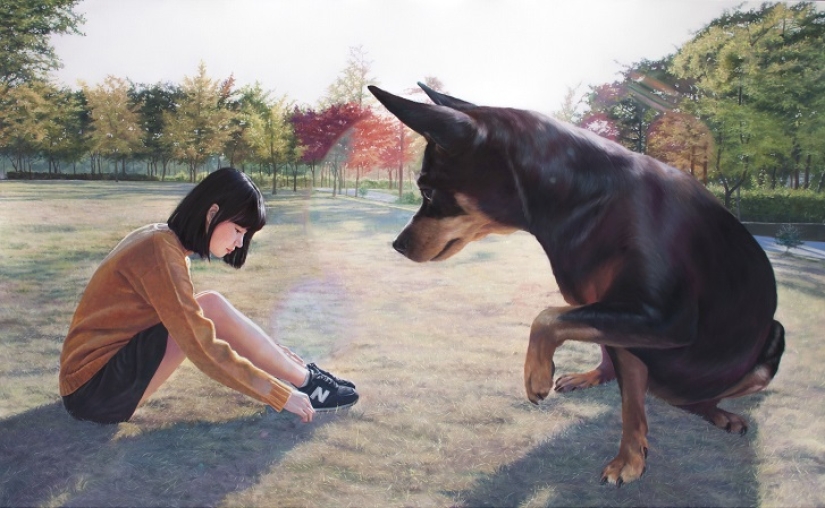 Realistic drawings of a giant dog and a cute Korean girl