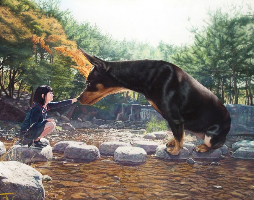 Realistic drawings of a giant dog and a cute Korean girl