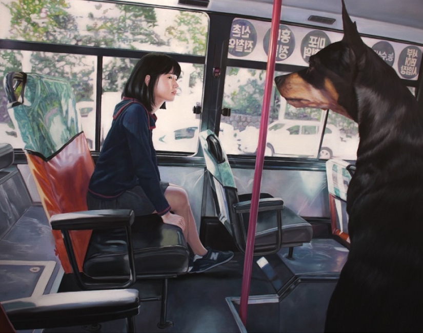 Realistic drawings of a giant dog and a cute Korean girl