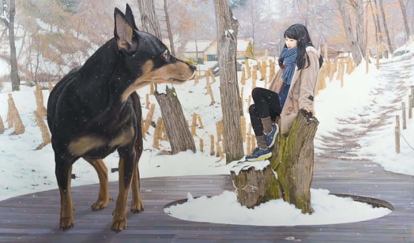 Realistic drawings of a giant dog and a cute Korean girl