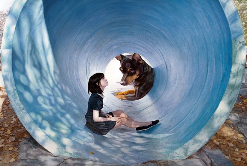 Realistic drawings of a giant dog and a cute Korean girl