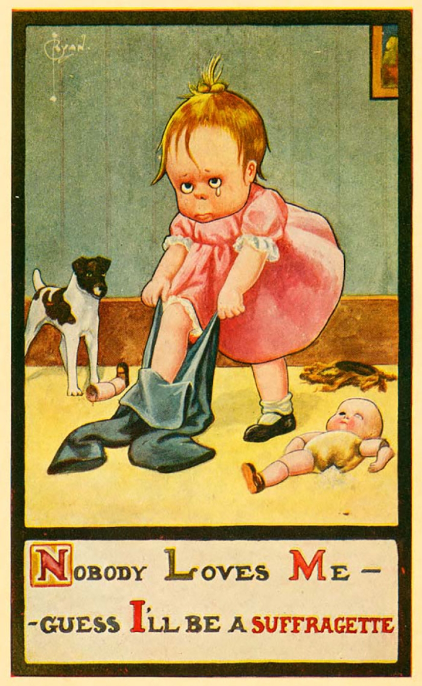 Retro-postcards showing society's fear of women's empowerment